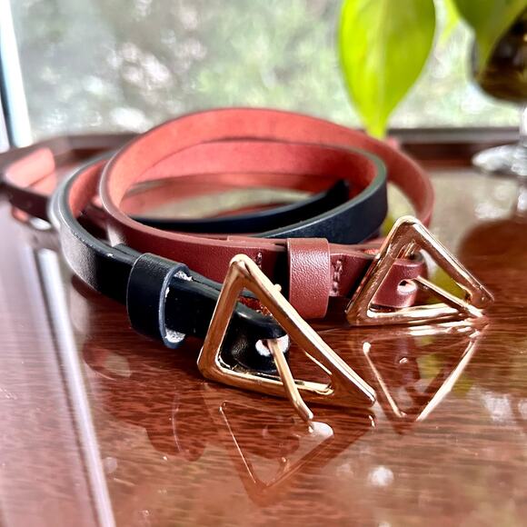 Set of 2 Skinny Belts – Brown & Black with Gold Triangle Buckles – 43” Length - Picture 4 of 11